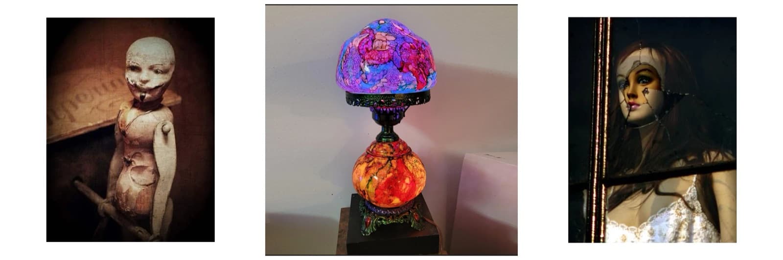 Three of Gary Roberts' artworks side by side: a sepia-toned photograph of an antique wooden figure, a lamp with a vividly marbled pink-and-blue glass shade, and a theatrical portrait of a doll-like face behind cracked glass.
