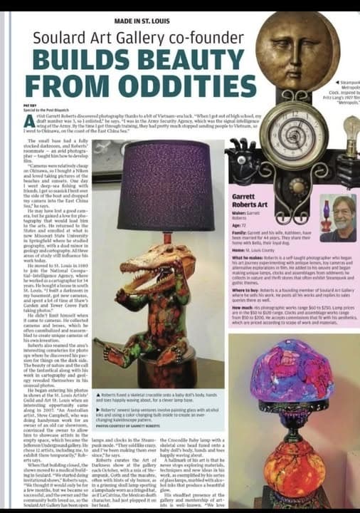 A newspaper feature headlined “Soulard Art Gallery co-founder builds beauty from oddities,” with photographs of Gary Roberts' lamps, clocks and assemblage art.